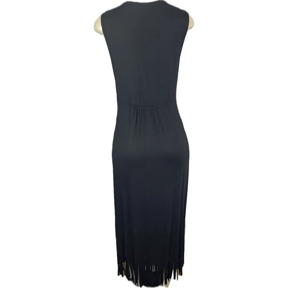 Kate & Mallory M Black Surplice Neck Faux Wrap Fringe Hem Midi Cocktail Dress - Picture 4 of 6